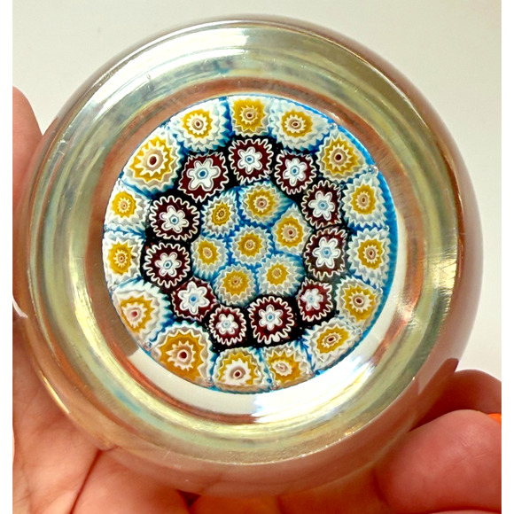 Murano Art Glass Millefiori Paperweight Blue Red Yellow Tightly Packed Canes - Picture 5 of 5